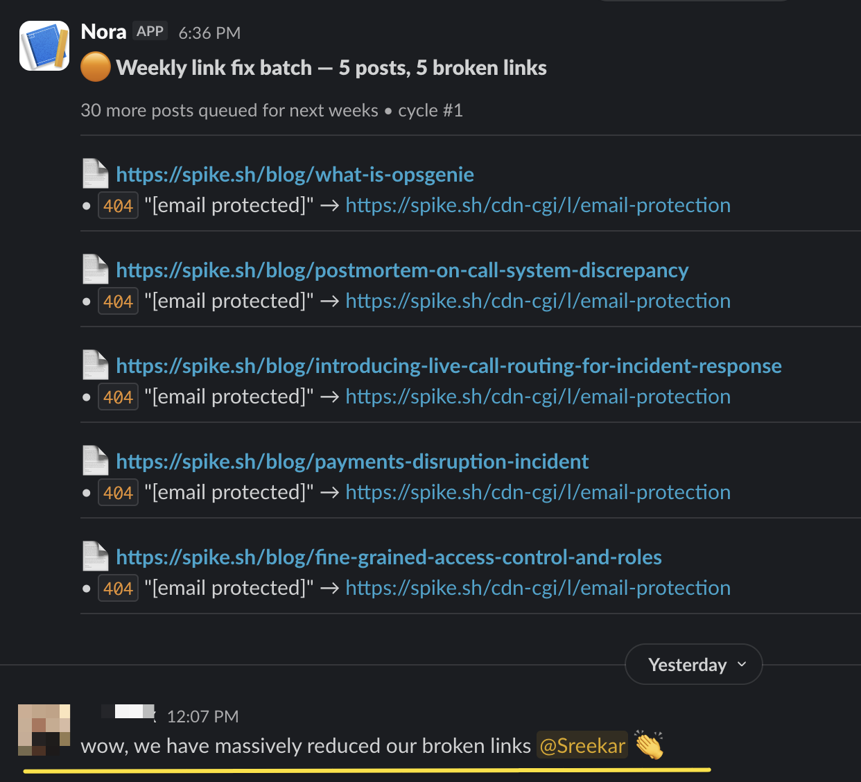 Nora's weekly broken link report in Slack