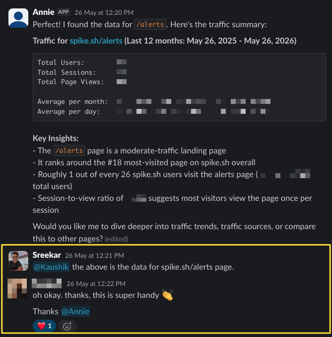 Annie answering a traffic question in Slack